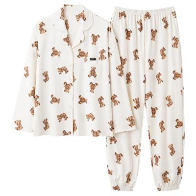 China New cotton QUICK DRY pajamas spring long sleeve pants cardigan lapel bear printed pajamas home wear two sets for sale