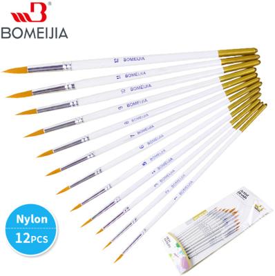 China Bomeijia Factory Wholesale Round 12pcs Handle Paint Brush Anti Reject Nylon White Wood Set for sale