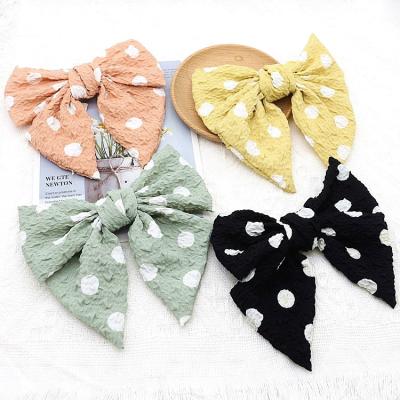 China Stylish Custom Polka Dot Fabric Printed French Hair Clips Two Large Layers Bow Knot Hair Claw Clips For Women for sale