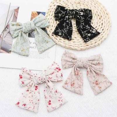 China Elegant Fashion Cloth Floral Printed Hairpin Two Layers Hair Clip Bow Knotted Hair Accessories Women Large for sale