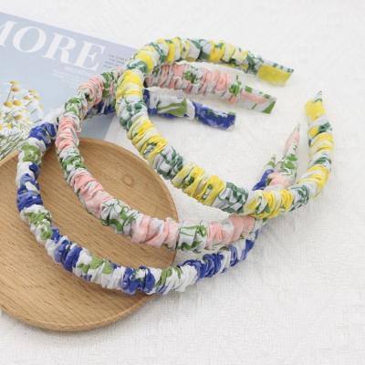 China Simple Cotton Fabrics Floral Printing Fabric Pleated Hair Circle Hair Accessories Women Plastic Headband for sale