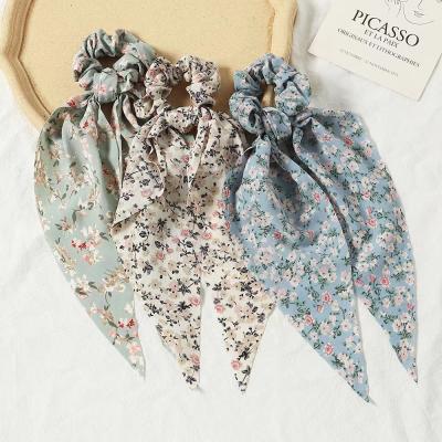 China New Girls Hair Decoration Chiffon Floral Fabric Long Knotted Ribbon Printed Ponytail Holders Scarf Hair Scrunchie Women Girl Elastic Lady for sale