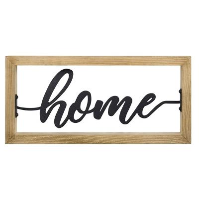 China Handmade Modern Home Decoration Wooden Sign Crafts Wall Hanging Wooden Sign With Black Metal for sale