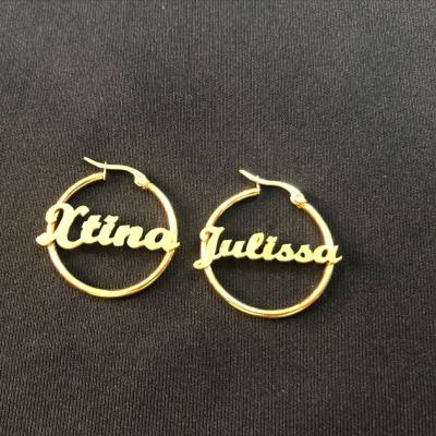 China TRENDY Custom Kids Name Circle Earrings 18k Gold Plated Stainless Steel Personalized Bamboo for sale