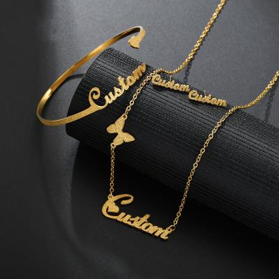 China CLASSIC Stainless Steel 18k Gold Filled Iced Out Letter Name Plated Necklace Bracelet Stud Earring Custom Jewelry For Women Girls for sale