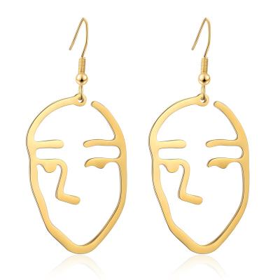 China TRENDY Gold Plated Hollow Abstract 18K Stainless Steel Face Dangle Earrings For Women for sale