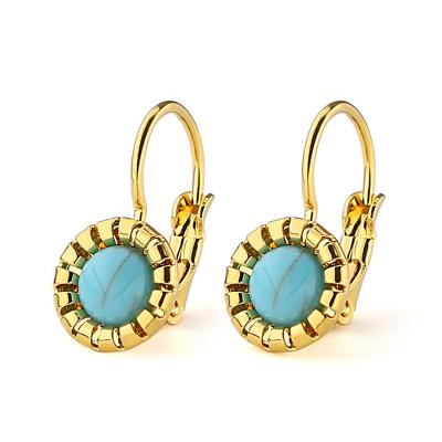 China Wholesale High Quality Vintage Gold Jewelry Turquoise Stainless Steel Flower Shape Girls Huggies Earrings for sale