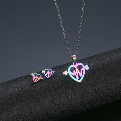 China High FASHION Polished Colorful Stainless Steel Heart Bear Butterfly Moon Star Necklace Stud Earrings Jewelry Set for sale