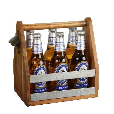 China Sustainable Wooden Handcrafted Bottle Carrier Beer Cart with Opener Holds 6 Packs Made of Acacia Wood with a Clear Varnish for sale