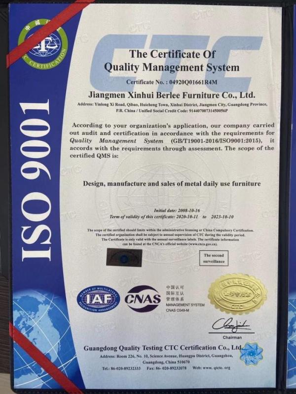 ISO9001 - Jiangmen City Xinhui District Berlee Furniture Co., Ltd.