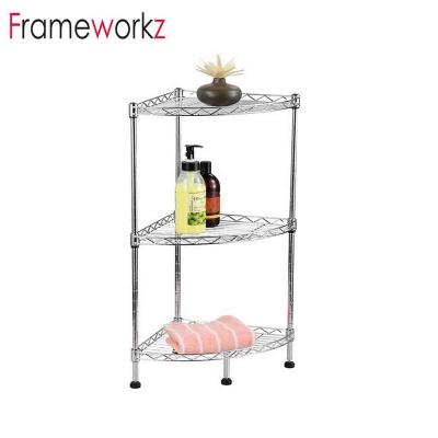 China Contemporary 3 Tier Height Adjustable Chrome Wire Corner Shelving Grid for sale