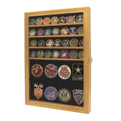 China Custom Expandable Military Logo Oak Finish Cabinet Medal Holder Shadow Box Challenge Coin Display Case for sale