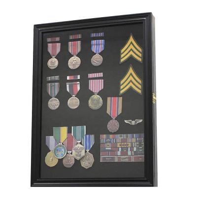 China Custom Home Decor 11x14 Deep Black Wooden 3d Beach Tags Ribbons Badges Patch Pins Medals Showcase Cabinet Military Shade Box for sale