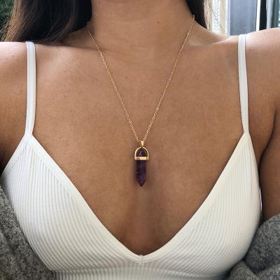 China Europe and America wholesale new pink high quality hot sale natural stone pendant Crystal Quartz Stone Pendant Necklace hexagonal pillar imitation for sale