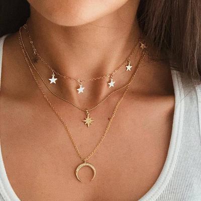 China Wholesale Simple Layered Europe And America Layer Stars Choker Zircon Moon Pendant Necklaces For Womwn Girl Gift Accessories for sale