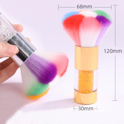 China Custom Diamond Acrylic Metal Flower Shaped Nail Dust Brush Gold Silver Nail Dust Remover Brush for sale