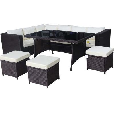 China Modern 6PC Rattan Dining Three Seater Sofa Set Outdoor Furniture With Dining Table And PE Wicker Stool for sale