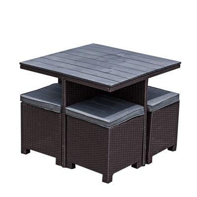 China Modern Wood Slat Dining Plastic Wood Outdoor Rattan Set Table Stools Simple Design Furniture Garden Sofa Set for sale