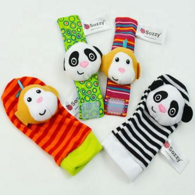 China Hot Selling Funny Educational Toy Plush Baby Wrist Animal Rattles and Socks Plush Monkey and Panda Baby Toys for sale