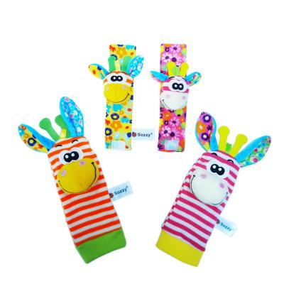 China Hot Selling 4PCS Baby Plush Funny Educational Toy Animal Wrist Bands And Sock Plush Baby Wrist Rattle Animal Toys for sale