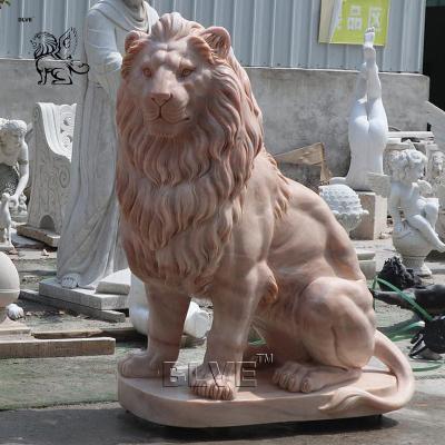 China Red Marble Entrance Lion Statues Life Size Animal Sculpture Stone Carving Large Garden Outdoor Decoration for sale