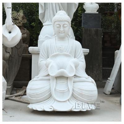 China Sitting Meditation Marble Buddha Statue Home Decor Outdoor Fountain Stone Sculpture Holding Lotus Leaf Garden for sale