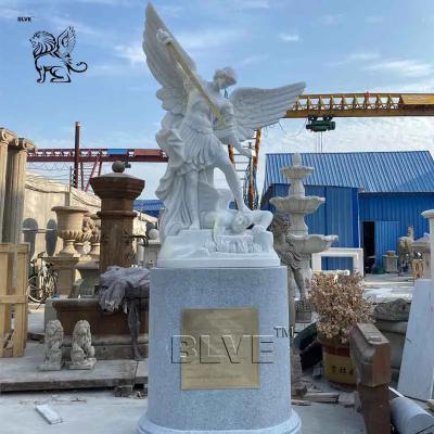 China White Marble Archangel Sculpture Natural Stone St. Michael Statue European Religious Sculpture Classical for sale