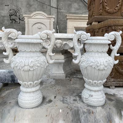 Китай White Marble Garden Planter Double Eared Natural Stone Large Flower Pot Home Decor Handcarved продается