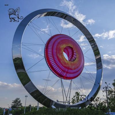 China Giant Circular Mirror Stainless Steel Sculpture Large Landmarks LED Colorful Light Outdoor Custom for sale