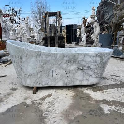 China Natural Marble White Bathtub Freestanding Soaking Bath and Carved Hotel Bathroom Decoration Luxury Modern for sale