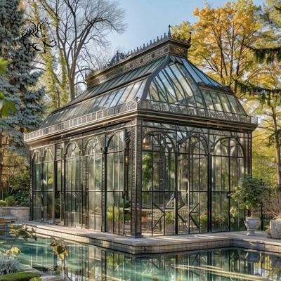 China Wrought Iron Gazebo Aluminum Glass Sunroom Pavilion Metal Large Villa Greenhouse Outdoor Popular for sale