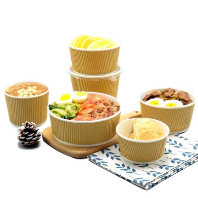 China Large Straight Fashion Ripple Wall Food Grade Kraft Paper Bowl Moisture Proof With PP Lids for sale