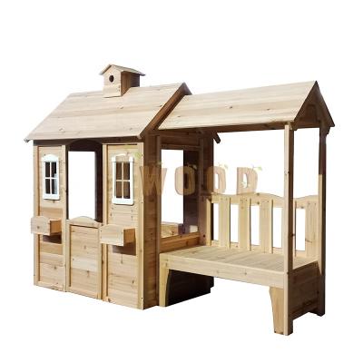 China Easily Assembled Cedar Chinese Fir Wood Kids Outdoor Playhouse with Bench Chair for sale