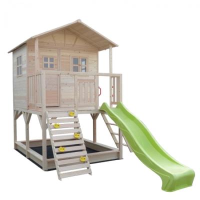 China Easily Assembled Wooden Cubby House with Green Slide and Sandpit for sale