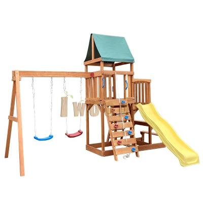 China Entertainment 400*300*300cm Customized Light Brown Educational Wooden Kids Swing Set With Slide In Fir Wood Playground for sale