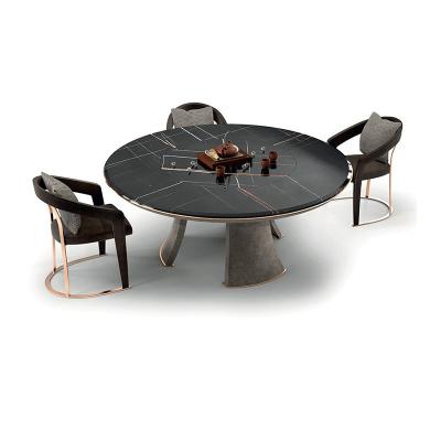 China (Others) Luxury Italian Designs Adjustable Round Black Marble Revolving Dining Table Set for sale