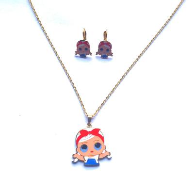 China Fashionable Big Eyed Stainless Steel Series Girl Cartoon Oil Drip Doll Earrings Pendant Necklace Children's Jewelry for sale