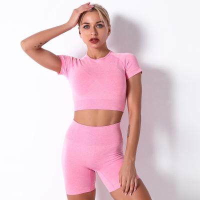 China Breathable Wholesale Quick Dry Women Sport Wear Clothing Tops Suit Sexy Tight Running Fitness Leggings Workout Gym Pink Yoga Shorts Set for sale