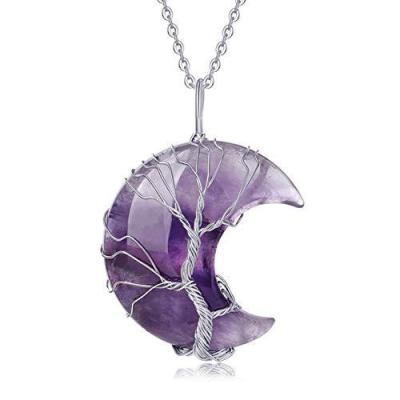 China Handmade Crystal Natural Stone Amethyst Moon Winding Tree of Life Tree Necklace Pendant DIY Fortune Necklace for sale