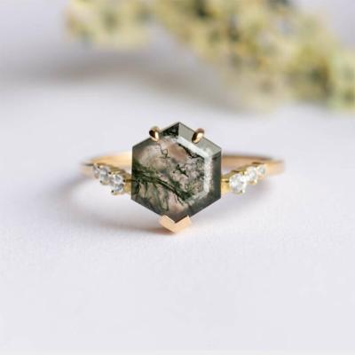 China Ring Green Moss Agate Rings Tasty Natural Romantic For Women 925 Sterling Silver Gemstone Hexagon Moss Agate Fine Engagement Jewelry for sale