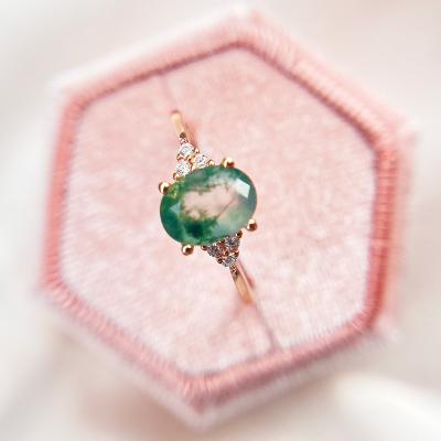 China Romantic Natural Tasty Green Moss Agate Rings Ring For Women's Rose Gold 925 Sterling Silver Gemstone Hexagon Moss Agate Ring 585 for sale