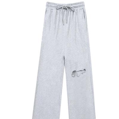 China Anti-Wrinkle Ripped Wide Leg Pants For Women Casual Loose High Waisted Sports Floor Length Gray Pants Wear 2021 for sale