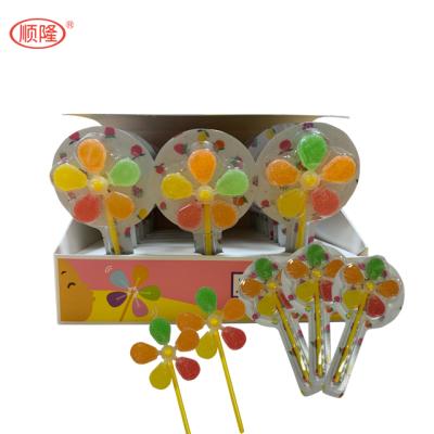 China Natural Halal Sweet Fruity Flavor Windmill Shape Soft Gummy Candy Lollipop Jelly Candy for sale