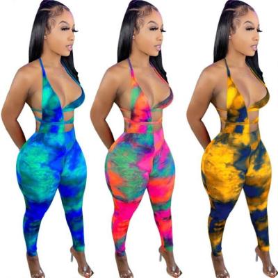 China New Arrival Summer Anti-pilling Neck Pencil Pants Jumpsuit 2021 Sexy Hanging Rompers For Women Tie Dye Jumpsuit for sale