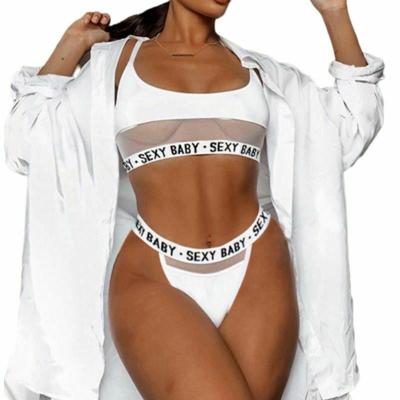 China QUICK DRY Letter Printing Women Thong Lingerie Set Mesh Women Bra Brief Sets Bralette Set Sexy Bralette for sale