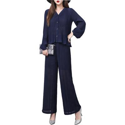 China Autumn Pleated Tops High Waist Spring Anti-pilling Wide Leg Pants Women Pants Casual Two Piece Sets Women Clothes for sale