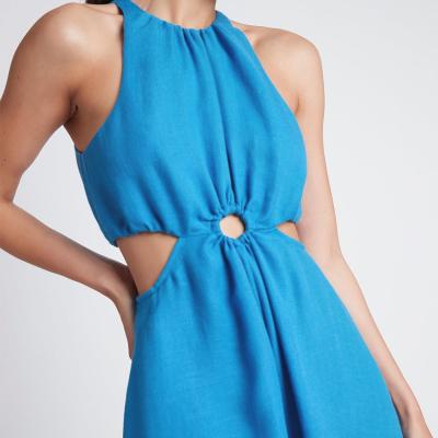 China 2022 Anti-Static New Fashion Nova Solid Bluey Hollow Out Dresses Women Casual Halter Neck Mini Length A Line Sleeveless Dress for sale