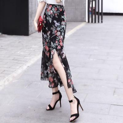 China 2022 New Arrival Anti-static Summer Casual High-waist Floral Printing Split Long Mermaid Chiffon Skirt for sale