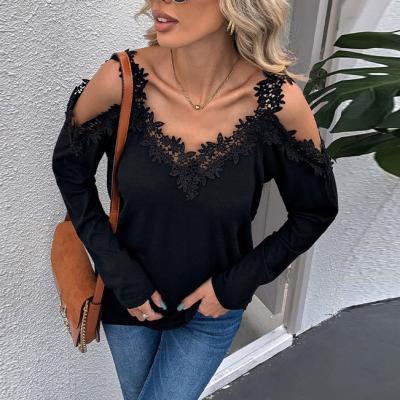 China Anti-pilling 2022 new spring lace sling sling long sleeves off the shoulder T-shirt top women's T-shirt ladies' blouses for sale