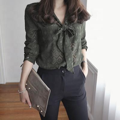 China Chiffon Solid Color Anti-pilling Professional Wear Sleeve Long Shirt Womens Work Blouses Wholesale Clothing Casual Tops OEM Customized for sale